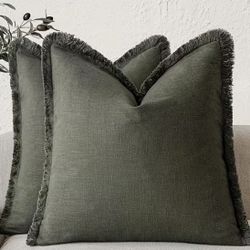 4 New Sage Green Linen Tassel Pillow Covers - 18x18 Boho Decor