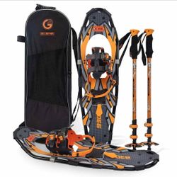 36 Inches Light Weight Snowshoes with Toe Box, EVA Padded Ratchet Binding, Heel Lift, Flexible Pivot Bar, Durable Back Strap, Set with Trekking Poles 