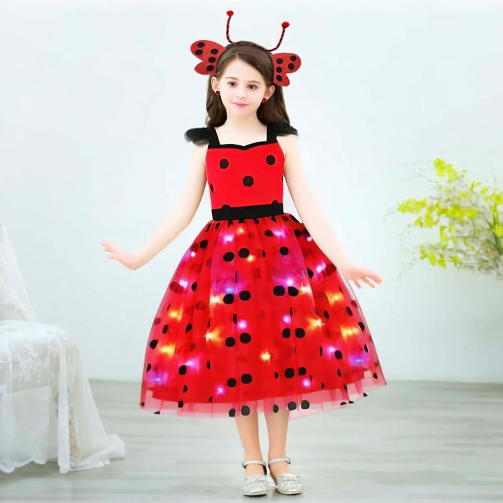 SZ-TONDA Girls Light up Ladybug Costume - Kids LED Princess Dress up Halloween Birthday Party Cosplay Outfit Clothes Apparels