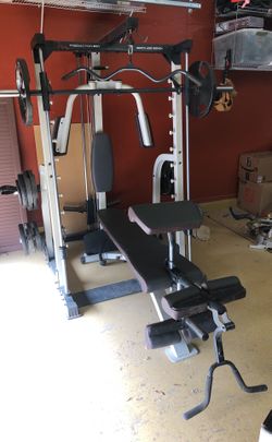Freemotion Smith Machine bench. Plus 425lbs of plates FREE for Sale in Queen Creek AZ OfferUp