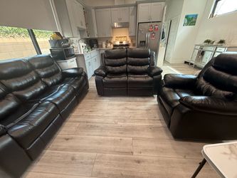 Black Leather Reclining Sofa Set – 3 Pieces