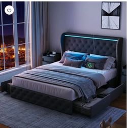 Upholstered Queen Size Platform Bed Frame with 4 Storage Drawers ,Dark Gray L-2