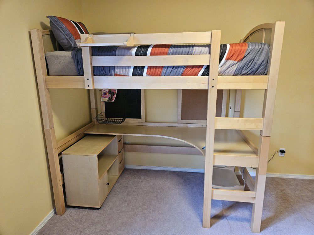 Twin loft bed with desk, printer shelf, seperate organizer unit and more