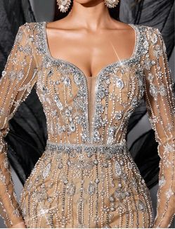 Crystal Beaded Nude Long Sleeve Evening Gown