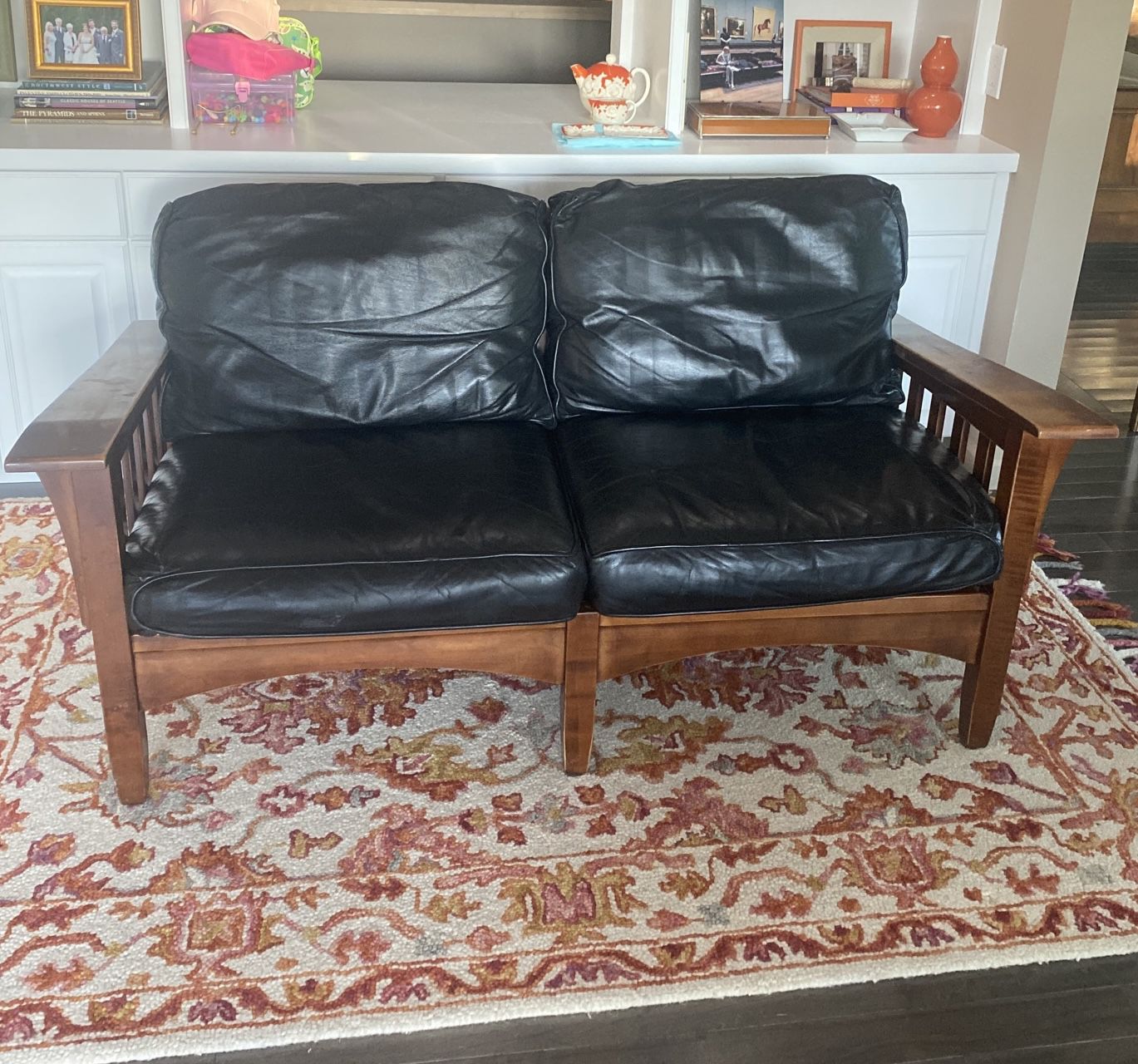 Ethan Allen Mission Style Loveseat With Leather Cushions 
