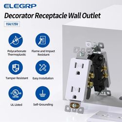 ELEGRP Decorator Wall Receptacle Outlet, Tamper Resistant 15 Amp Standard Electrical Wall Outlet, Residential Grade, Self-grounding, 125V, 2 Pole 3 Wi