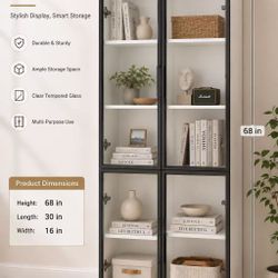 68” Modern Glass Display Cabinet, 4-Door Storage Cabinet with Tempered Glass Doors, Black Frame, Display & Storage Organizer for Living Room, Dining R