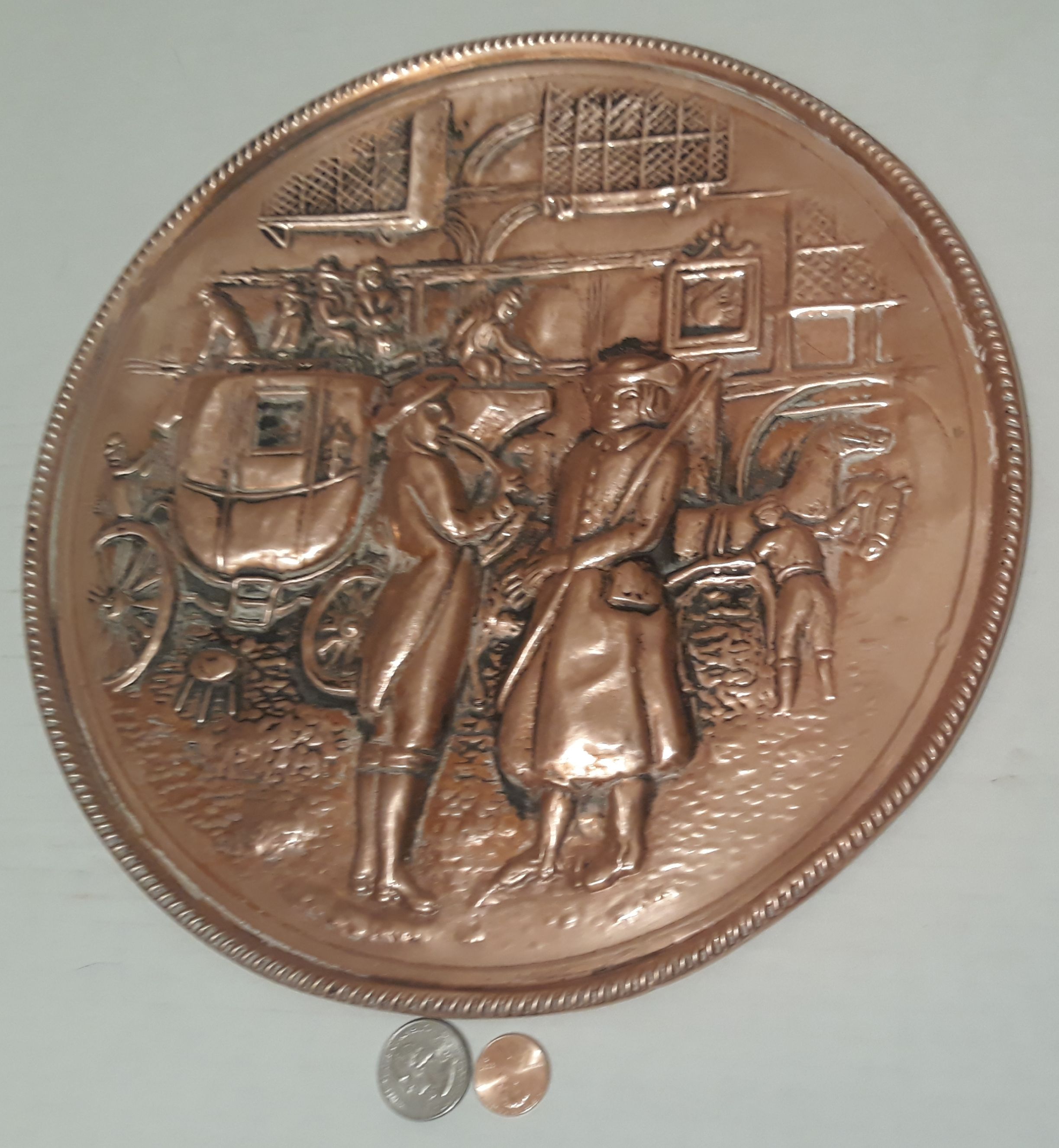 Vintage Metal Copper Wall Hanging Plate, 11" Wide, Horse Drawn Carriage, Home Decor, Wall Hanging Display, Shelf Display, This Can Be Shined Up Even