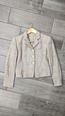 Vintage Armani Made in Italy Tweed Houndstooth Women's Cream beige grey wool blazer suit jacket 38 US 2 4