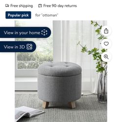 Better Homes & Gardens Round Tufted Storage Ottoman, Gray Faux Linen