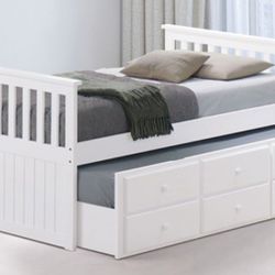 Brand New White Twin Size Bed w Trundle Bed + Drawers 