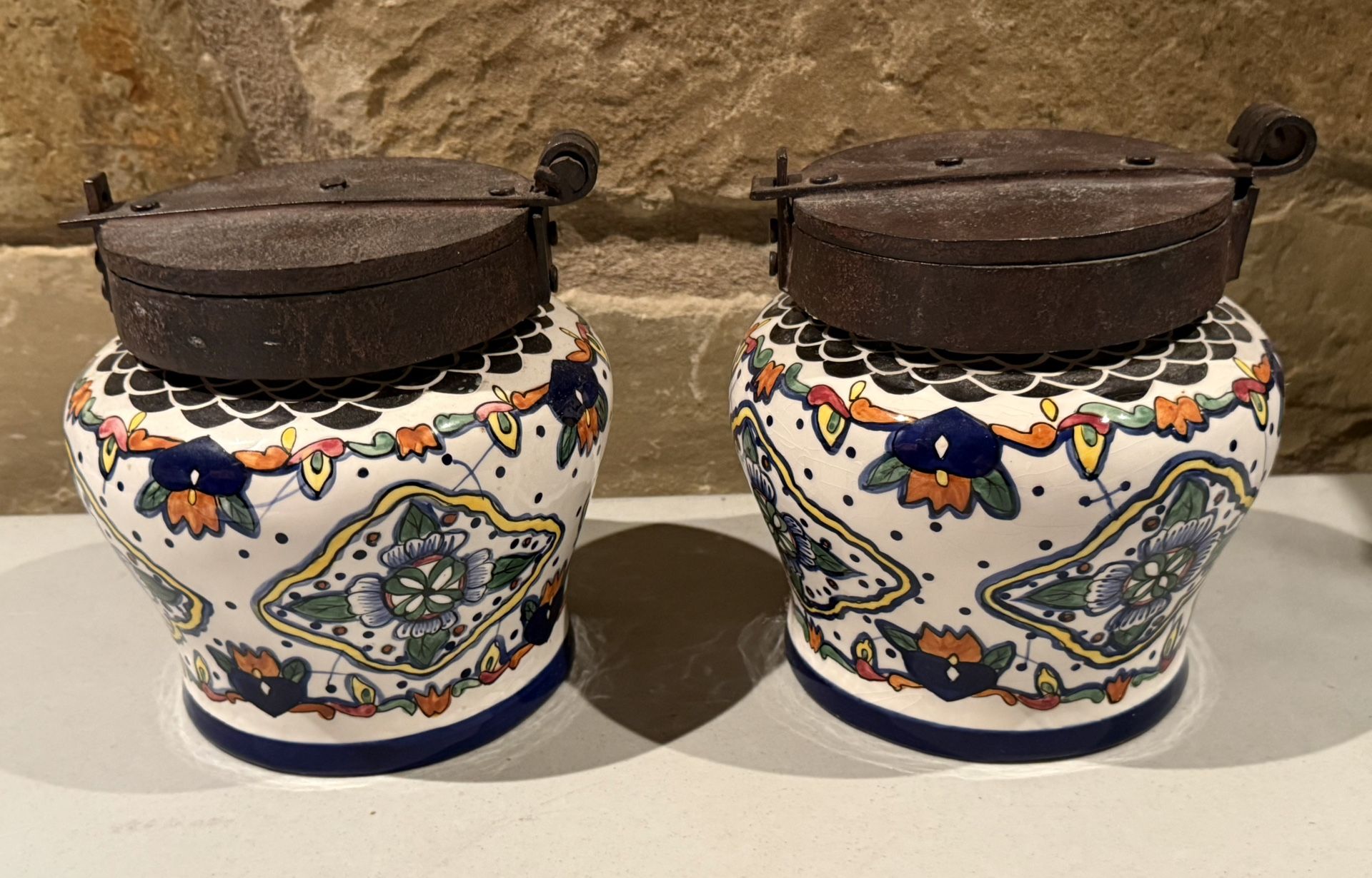 Set of Two Ceramic Canisters with Metal Lid  