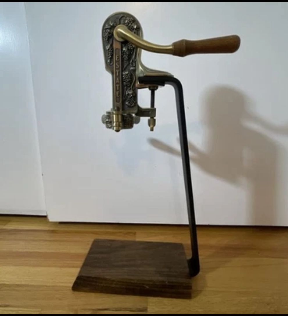 Vintage Rogar Estate Brass Wine Bottle Opener Ornate Brass Wood Stand Corkscrew