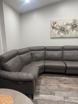 Gray Leather Power Reclining Sectional Sofa