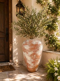 Large Distressed Terracotta Floor Planter Mediterranean Garden Pot 30” Tall Drainage Jardinière