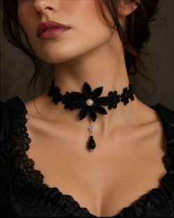 Handmade Black Lace Choker with Kanzashi Flower & Crystal Beads, Dark Romance
