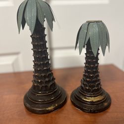 vintage Candle Holders/Sticks from 1980 Palm tree, trunk style, and metal leaves pair of two