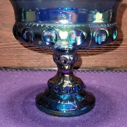Vintage Indiana Blue Glass Kings Crown Thumbprint Compote Footed Candy Dish