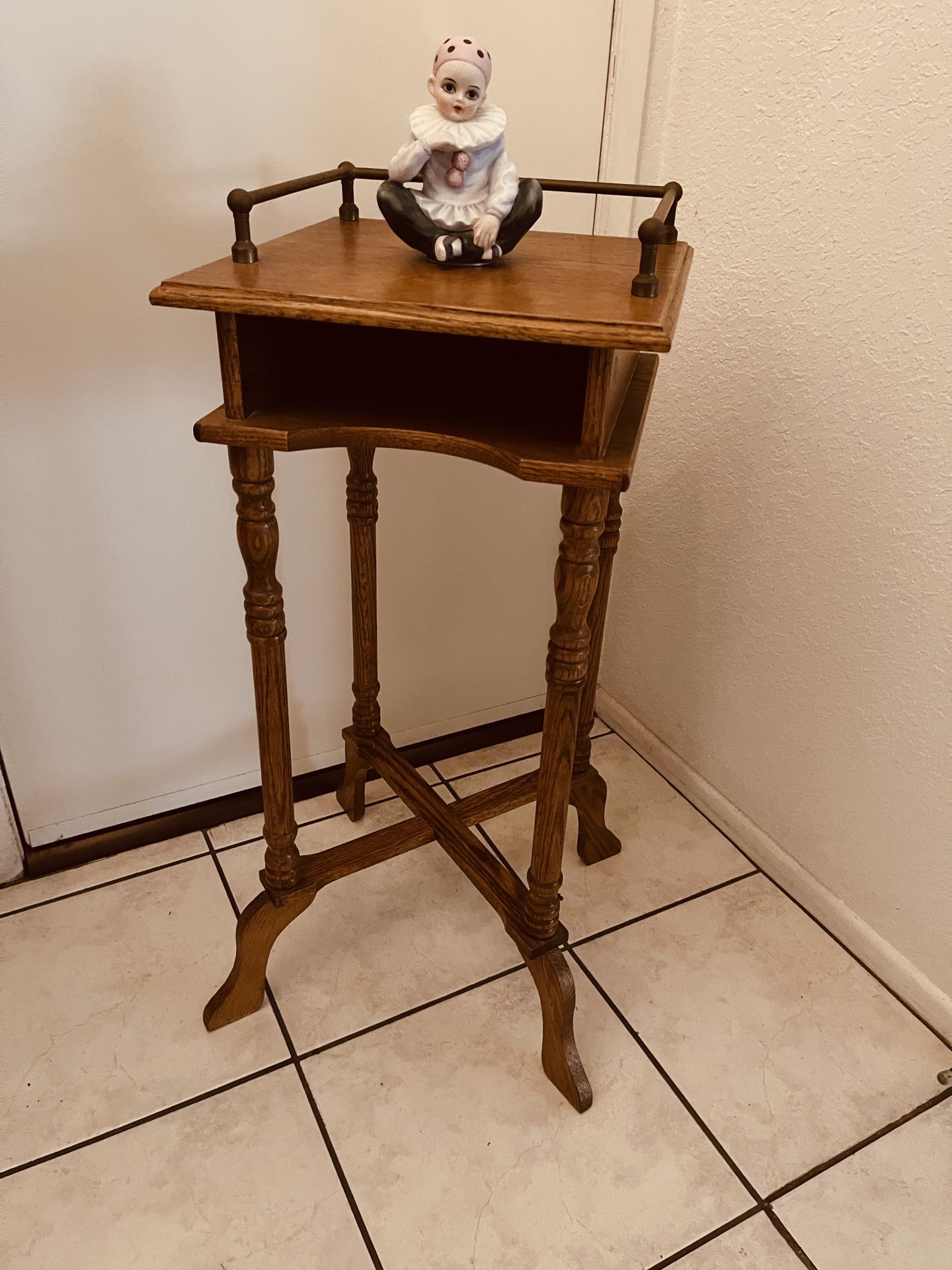 Table side French accent table pedestal solid oak