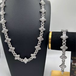 Set Chain & Bracelet Luxury Premium Quality Clover Chain - Silver & White 