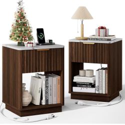 Walnut Fluted Night Stand Set of 2 with Charging Station, 