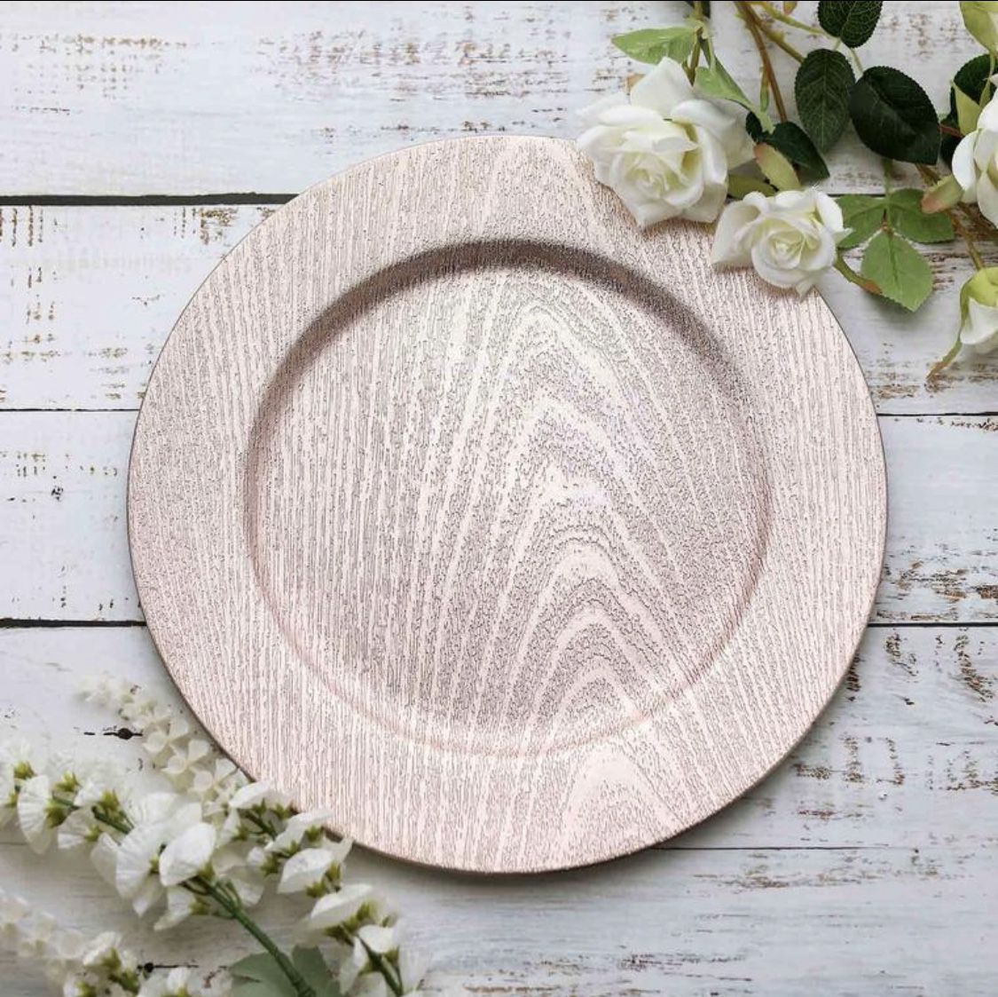 Round Wooden Textured Acrylic Charger Plates, Rose Gold