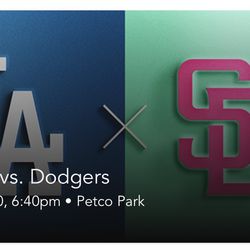 Padres Vs Dodgers, Friday May 10th.  Section 209, Row 14, Aisle Seats 