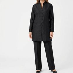 Malia Vintage Black 100% Tussah Silk Tunic Pant Set Mandarin Collar Size 10