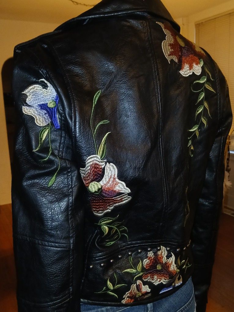 Floral Embroidered Faux Leather Biker Babe Jacket. Beautifully Badass!