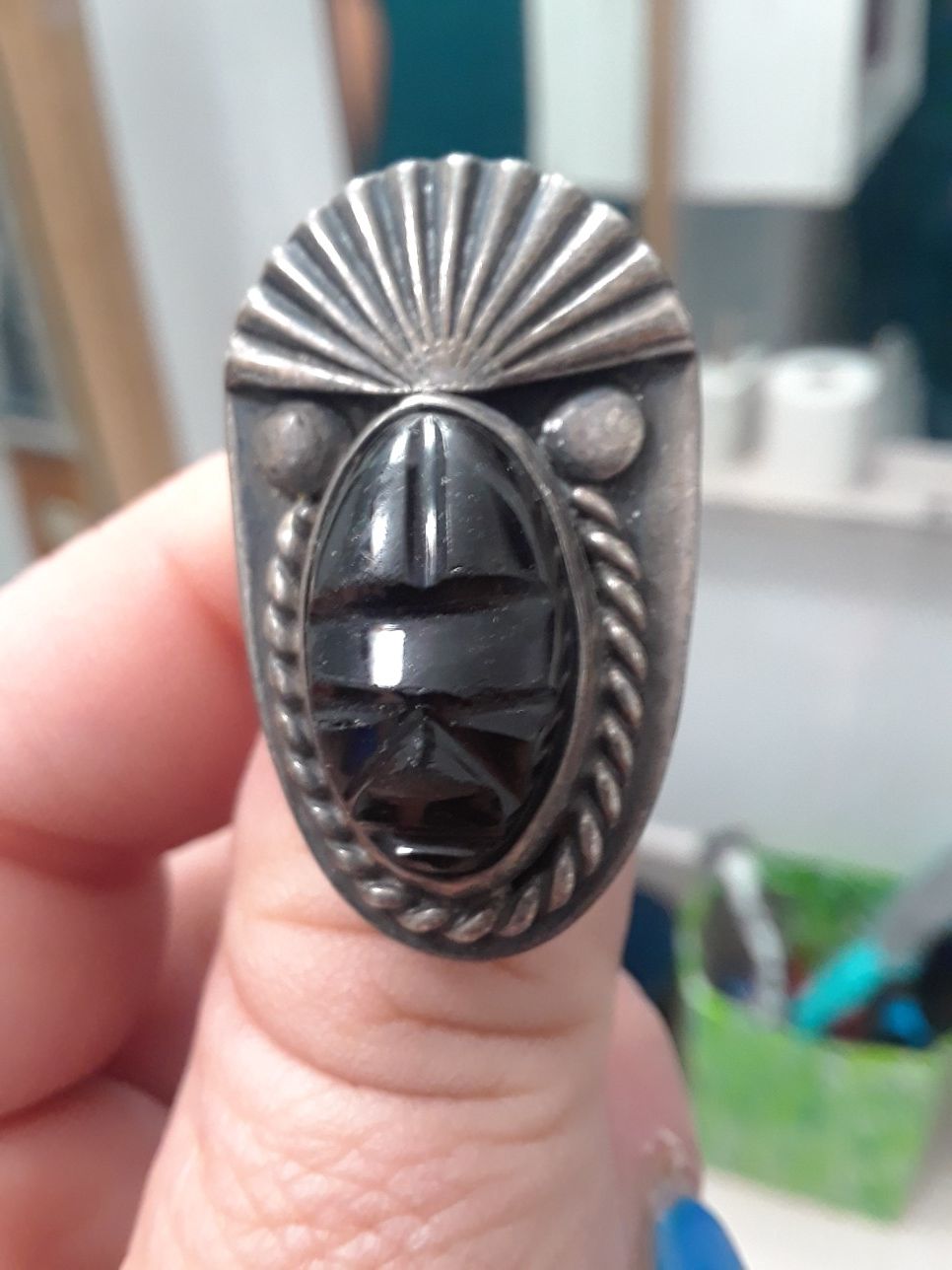 Sterling ring with Aztec black onyx mask