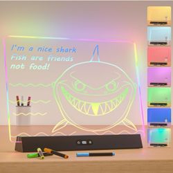 LED Note Board with Colors, Rechargeable 9-Mode Light Up Acrylic Dry Erase Board, 14"X10" Neon Glow Desk Sign Letter Message Memo Drawing Board for Ho