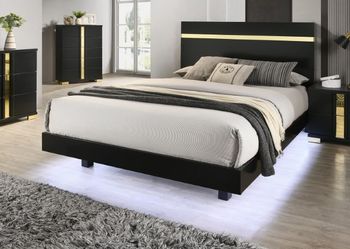 BLACK / GOLD QUEEN SIZE BED FRAME LED LIGHT UNDER-BED PLATFORM STYLE
