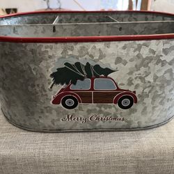Galvanized Caddy With Handle / Organizer With Wood Handle Really Sturdy All Metal 
