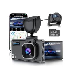 Dash Cam Front and Rear, 4K/2.5K Dual Dash Camera for Cars, 32GB Card Include O2