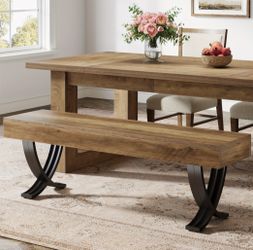55 Inches Farmhouse Wooden Bench With Metal X-shaped Legs. 