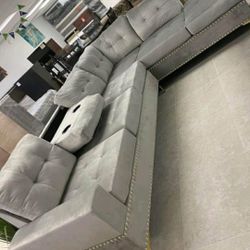Grey Velvet Sectional Sofa New Cup Holders Reversible Couch Grey 