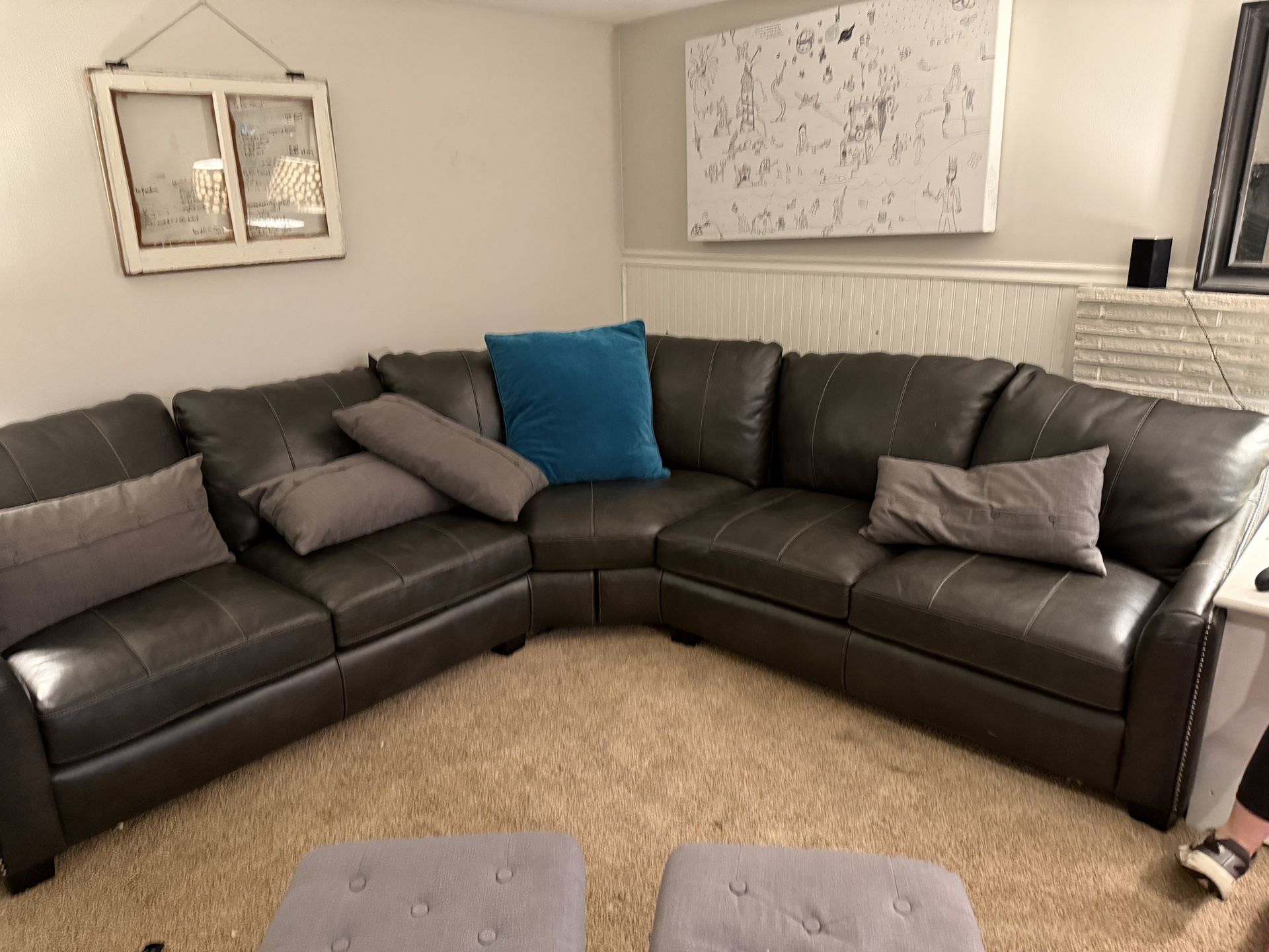 Leather Couch -Costco Style charcoal color, Rounded L-shaped