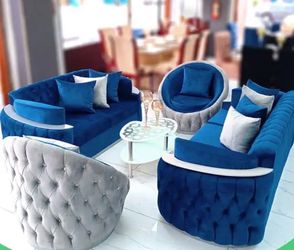 Blue & Grey Velvet Tufted Sofa Set