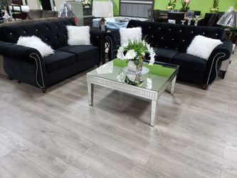 Living set 2pc sofa and loveseat. Black velvet color. Take it home with ZERO down