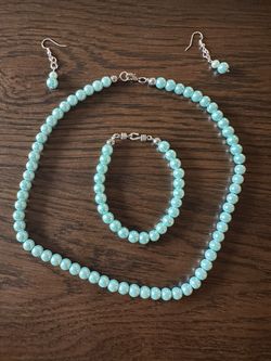 light Blue Glass, Pearl Necklace, Bracelet, And Earrings Set