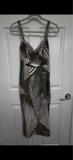 Olive green and cream abstract wavy line dress