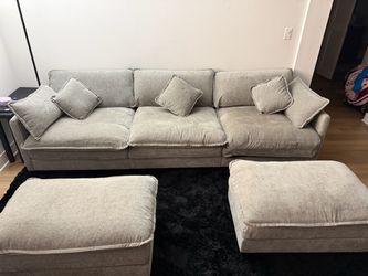 Large Gray Fabric Sofa with Two Ottomans