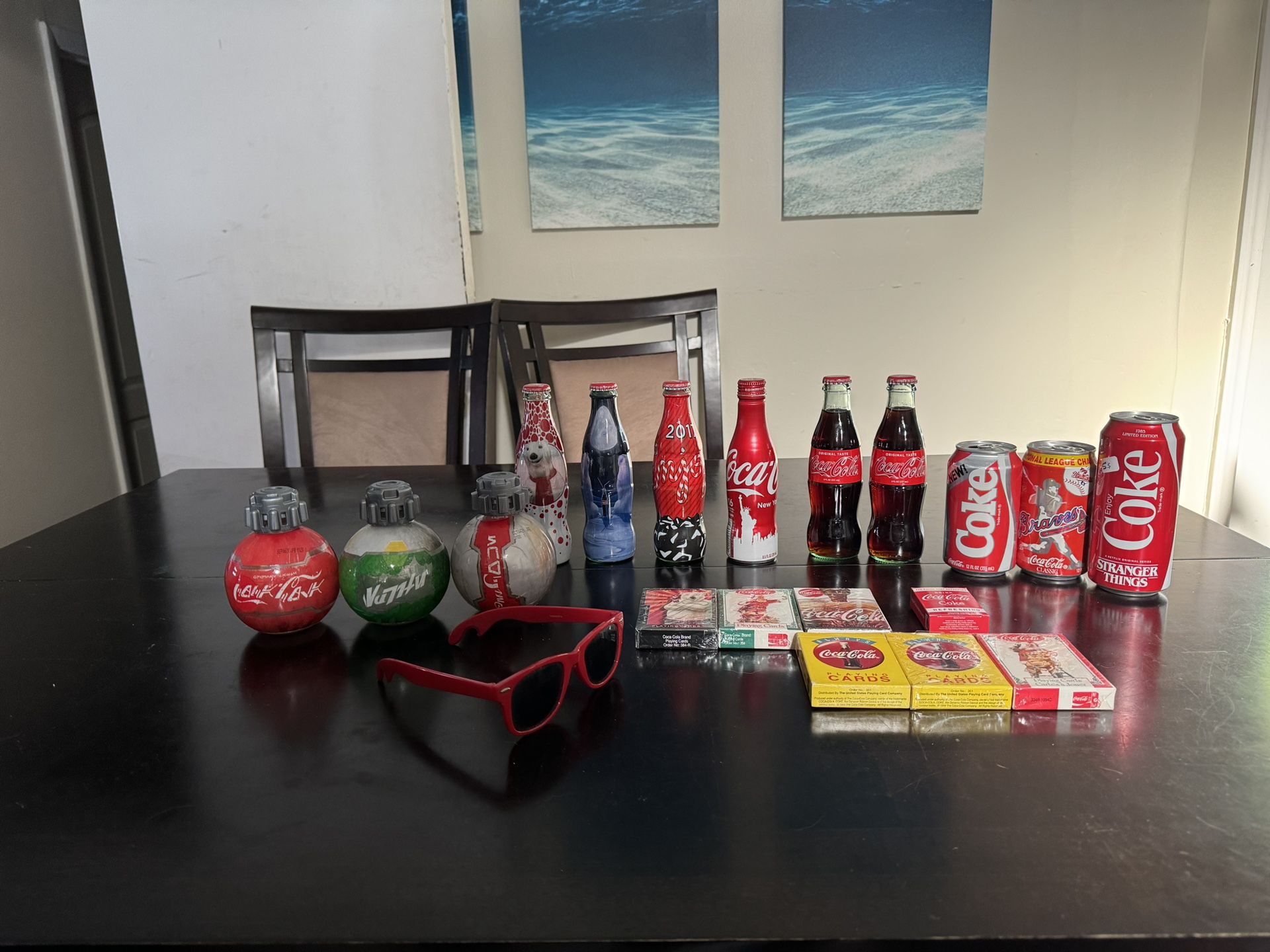 Coca Cola (Coke) Collection (Bottles, glasses, cards, and collectibles).