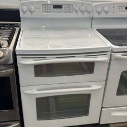 Ge Profile Glass Top Electric Stove, Double Oven White