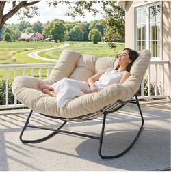 Outdoor Papasan Rocking Chair, 450 lbs Oversized Comfy Patio Chair with Cushion