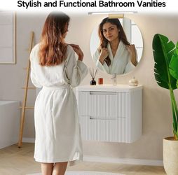 Modern Bathroom Vanity with Sink Combo, Curved Floating Bath Vanity with 2 Drawers, Wall Mount Bathroom Vanities with Integrated Ceramic Sink for Smal