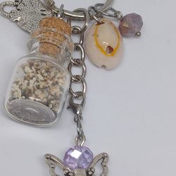 New, Purple Crystal Angel Keychain, Hawaii, White Sand, Seashell, Stingray, Purple Bead, 