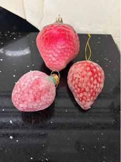 Set of 3 Cristopher Radko Strawberry Sugared Glass Ornaments Fruit Berry 2.5” 3”. 3.5”