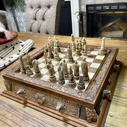 Handcrafted Aztec Calendar Chess Set – Stone Resin Composite, Mexican Folk Art, Vintage-Inspired