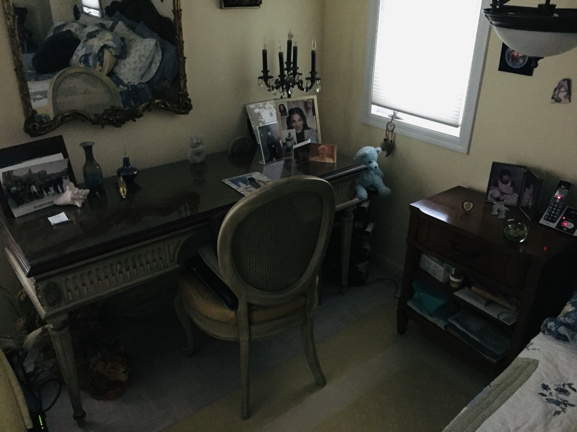 French Inspired Carved Wood Writing Desk and Upholstered Chair